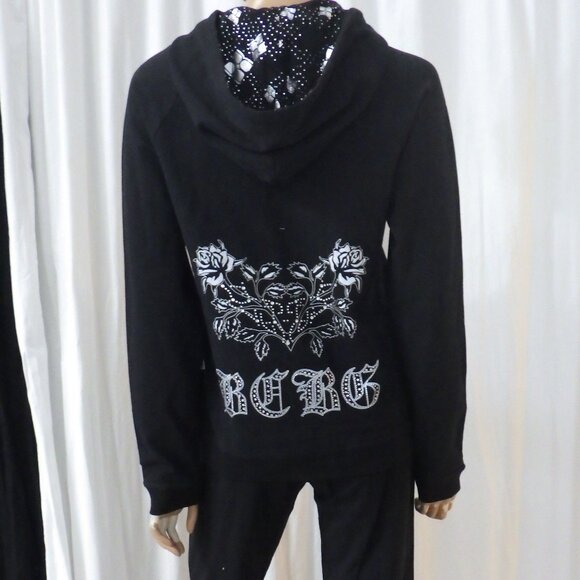 NWT BCBG sz SM MED LG XL 95% cotton BLK SILVER TWIN ROSE BUTTERFLY 2PC TRACKSUIT - Picture 1 of 16
